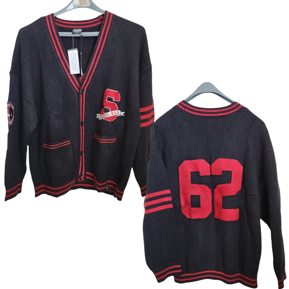 Heroes &‎ Villains Marvel Spider-Man Varsity Cardigan Medium Black Patches NWT